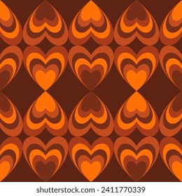 Groovy Hearts Seamless Pattern. Psychedelic Distorted Vector Background in 1970s-1980s Hippie Retro Style for Print on Textile, Wrapping Paper, Web Design and Social Media. Pink and Purple Colors.