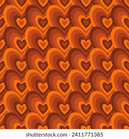 Groovy Hearts Seamless Pattern. Psychedelic Distorted Vector Background in 1970s-1980s Hippie Retro Style for Print on Textile, Wrapping Paper, Web Design and Social Media. Pink and Purple Colors.