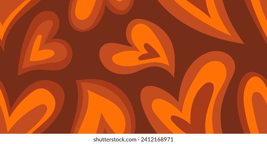 Groovy Hearts Seamless Pattern. Psychedelic Distorted Vector Background in 1970s-1980s Hippie Retro Style for Print on Textile, Wrapping Paper, Web Design and Social Media. Pink and Purple Colors.