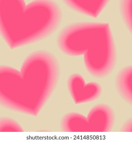 Groovy Hearts Seamless Pattern. Psychedelic Distorted Vector Background in 1970s-1980s Hippie Retro Style for Print on Textile, Wrapping Paper, Web Design and Social Media. Pink and Purple Colors.