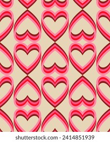 Groovy Hearts Seamless Pattern. Psychedelic Distorted Vector Background in 1970s-1980s Hippie Retro Style for Print on Textile, Wrapping Paper, Web Design and Social Media. Pink and Purple Colors.