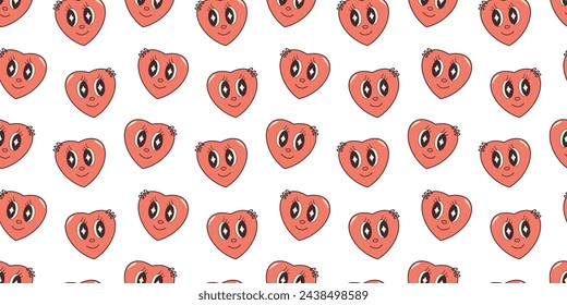 Groovy Hearts Seamless Pattern. Psychedelic Valentine Background in 1970s-1980s Hippie Retro Style for Print on Textile, Wrapping Paper, Web Design and Social Media. Shape with eyes.