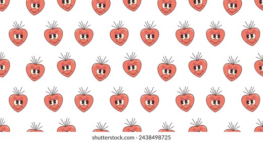 Groovy Hearts Seamless Pattern. Psychedelic Vector Background in 1970s-1980s Hippie Retro Style for Print on Textile, Wrapping Paper, Web Design and Social Media. Shape with eyes.