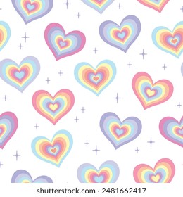 Groovy hearts seamless pattern. Psychedelic vector background. Hippie retro style. 70s, 80s aesthetic. 