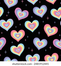 Groovy hearts seamless pattern. Psychedelic vector background. Hippie retro style. 70s, 80s aesthetic. 