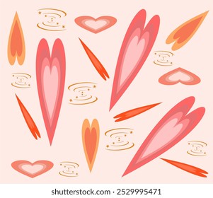 Groovy Hearts seamless pattern. Psychedelic distorted vector background in 1970s-1980s hippie style for textile printing, wrapping paper, web design and social media. Hand drawn