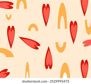Groovy Hearts seamless pattern. Psychedelic distorted vector background in 1970s-1980s hippie style for textile printing, wrapping paper, web design and social media. Hand drawn