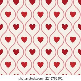 Groovy Hearts Seamless Pattern. Vector Background in 1970s-1980s Hippie Retro Style for Print on Textile, Wrapping Paper, Web Design and Social Media. Pink and Purple Colors.