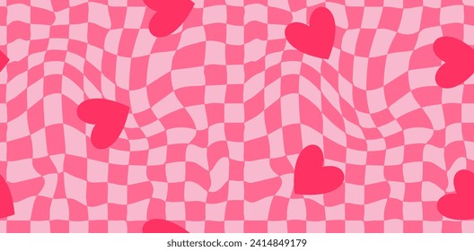 Groovy Hearts Seamless Pattern. Fondo vectorial en las décadas de 1970-1980, estilo retro hippie para la impresión en textiles, papel de ajuste, diseño web y medios sociales. Colores rosa y morado.