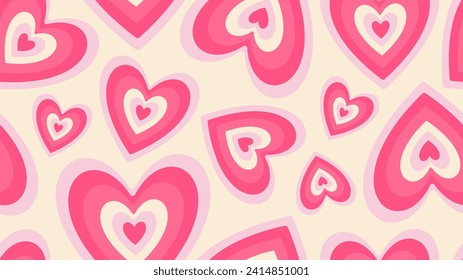 Groovy Hearts Seamless Pattern. Vector Background in 1970s-1980s Hippie Retro Style for Print on Textile, Wrapping Paper, Web Design and Social Media. Pink and Purple Colors.