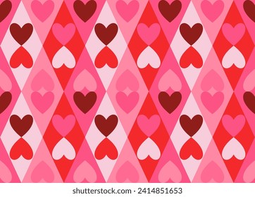 Groovy Hearts Seamless Pattern. Vector Background in 1970s-1980s Hippie Retro Style for Print on Textile, Wrapping Paper, Web Design and Social Media. Pink and Purple Colors.