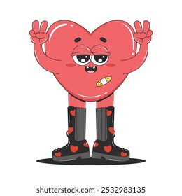 Groovy hearts sticker. Cartoon character in boots. Love concept. Happy Valentines day. Isolated vector illustration.