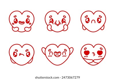 Groovy hearts stickers. Retro groovy hippie lovely hearts characters. Sticker pack in trendy retro cartoon style. Collection of heart characters with different emotions. Vector isolated illustrations