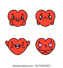 Groovy hearts stickers set. Heart funny cartoon character with different emotions. Happy valentine's day concept. 80-90s style. Happy, Smiling, In Love, Sad Sticker. Flat Vector illustration.