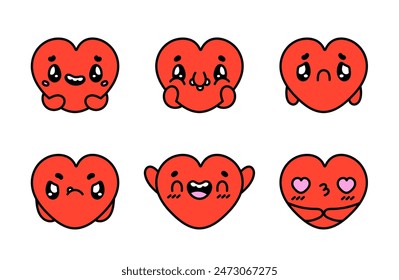 Groovy hearts stickers set. Set of stickers for Valentine's day. Trendy retro 70s, 80s style. Heart funny cartoon character different emotions. Y2K aesthetic. Romantic mascot. Vector illustrations