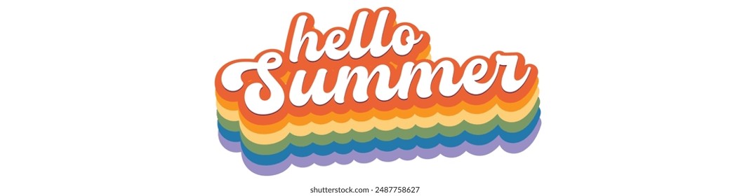 Groovy Hello summer logo vector isolated on transparent background. POP art Hello summer rainbow color label, icon, print, logo, symbol, sign wide banner design template with cartoon text, summer vibe