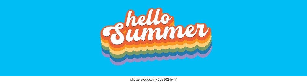 Groovy Hello summer logo vector isolated on transparent background. POP art Hello summer rainbow color label, icon, print, logo, symbol, sign wide banner design template with cartoon text, summer vibe