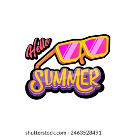 Groovy Hello summer vector logo with text and vintage retro yellow sunglasses isolated on background. Groovy Hello summer label, icon, print, banner design template with funny cartoon sunglasses