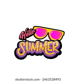 Groovy Hello summer vector logo with text and vintage retro yellow sunglasses isolated on background. Groovy Hello summer label, icon, print, banner design template with funny cartoon sunglasses