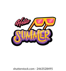 Groovy Hello summer vector logo with text and vintage retro yellow sunglasses isolated on background. Groovy Hello summer label, icon, print, banner design template with funny cartoon sunglasses