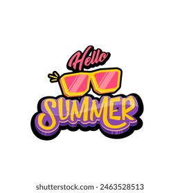 Groovy Hello summer vector logo with text and vintage retro yellow sunglasses isolated on background. Groovy Hello summer label, icon, print, banner design template with funny cartoon sunglasses
