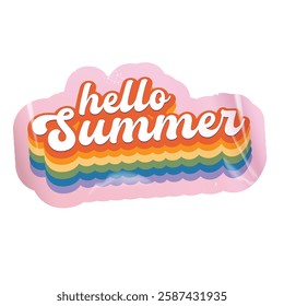 Groovy Hello summer vector pink plastic sticker isolated on transparent background. POP art Hello summer rainbow label, icon, print, banner design template with cartoon text, summer vibe