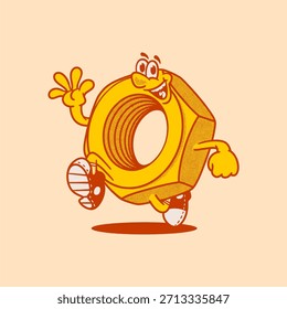 Caractere de parafuso noz hex groovy em desenho animado retro com cara feliz. Mascote, vetor, ícone, coleção, adesivo, vintage, ilustração, conjunto, engraçado, logotipo, quadrinhos, editável, anos 70, ferramentas de trabalho, ferramentas manuais	