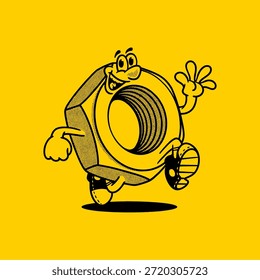 Caractere de parafuso noz hex groovy em desenho animado retro com cara feliz. Mascote, vetor, ícone, coleção, adesivo, vintage, ilustração, conjunto, engraçado, logotipo, quadrinhos, editável, anos 70, ferramentas de trabalho, ferramentas manuais, livro de colorir