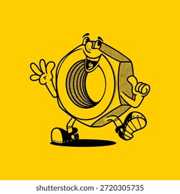 Caractere de parafuso noz hex groovy em desenho animado retro com cara feliz. Mascote, vetor, ícone, coleção, adesivo, vintage, ilustração, conjunto, engraçado, logotipo, quadrinhos, editável, anos 70, ferramentas de trabalho, ferramentas manuais, livro de colorir