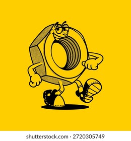 Caractere de parafuso noz hex groovy em desenho animado retro com cara feliz. Mascote, vetor, ícone, coleção, adesivo, vintage, ilustração, conjunto, engraçado, logotipo, quadrinhos, editável, anos 70, ferramentas de trabalho, ferramentas manuais, livro de colorir