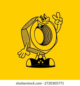 Caractere de parafuso noz hex groovy em desenho animado retro com cara feliz. Mascote, vetor, ícone, coleção, adesivo, vintage, ilustração, conjunto, engraçado, logotipo, quadrinhos, editável, anos 70, ferramentas de trabalho, ferramentas manuais, livro de colorir