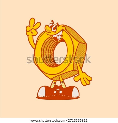 Groovy hex nut screw character in retro cartoon with happy face. Mascot, vector, icon, collection, sticker, vintage, illustration, set, funny, logo, comic, editable, 70's, worker tools, hand tools	