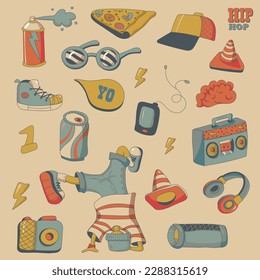 Groovy hip-hop set. Funny B-Boy, sunglasses, tape recorder, pizza, drink, earphones, camera, sneakers, graffiti spray, calonka, cap, etc. Set of stickers in trendy cartoon style. Isolated vector illus