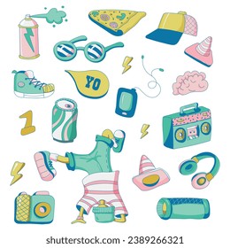 Groovy hip-hop set. Funny B-Boy, sunglasses, tape recorder, pizza, drink, earphones, camera, sneakers, graffiti spray, calonka, cap, etc. Set of stickers in trendy cartoon style. Isolated vector illus