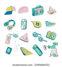 Groovy hip-hop set. Funny B-Boy, sunglasses, tape recorder, pizza, drink, earphones, camera, sneakers, graffiti spray, calonka, cap, etc. Set of stickers in trendy cartoon style. Isolated vector 