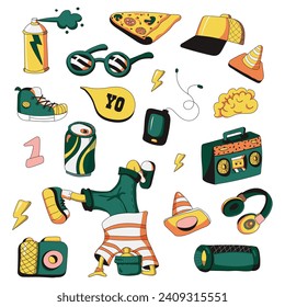 Groovy hip-hop set. Funny B-Boy, sunglasses, tape recorder, pizza, drink, earphones, camera, sneakers, graffiti spray, calonka, cap, etc. Set of stickers in trendy cartoon style. Isolated vector illus