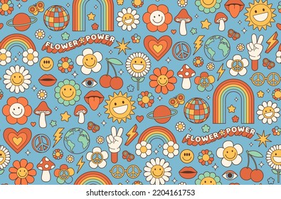 Groovy hippie de los años 70. Flor divertida de dibujos animados, arco iris, paz, amor, corazón, margarita, setas, etc. Patrón sin foco en el moderno estilo de dibujos animados trippy retro. Potencia de las flores. Hippie estilo años 60 y 70.