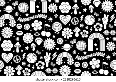 Groovy hippie 1970s background. Funny cartoon flower, rainbow, peace, Love, heart, daisy, mushroom etc. Seamless pattern in trendy trippy retro cartoon style. Flower power. Hippie 60s, 70s style.