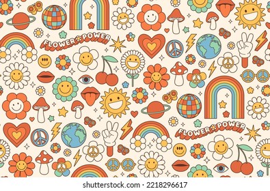 Groovy hippie 1970s background. Funny cartoon flower, rainbow, peace, Love, heart, daisy, mushroom etc. Seamless pattern in trendy trippy retro cartoon style. Flower power. Hippie 60s, 70s style.