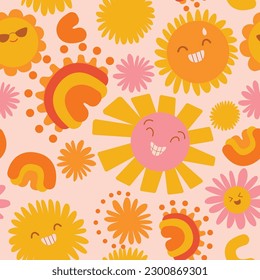 Groovy hippie 1970s background. Funny cartoon flower, rainbow, flower. Seamless pattern in trendy trippy retro cartoon style. Flower power. Hippie 60s, 70s style.