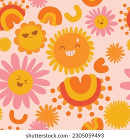 Groovy hippie 1970s background. Funny cartoon flower, rainbow, flower. Seamless pattern in trendy trippy retro cartoon style. Flower power. Hippie 60s, 70s style.