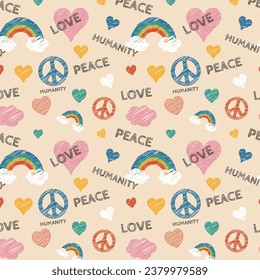 Groovy hippie 1970s background. Rainbow, peace, Love, heart and clouds symbols with peace, humanity and love lettering text . Seamless pattern in trendy trippy retro style. Hippie 60s, 70s style.