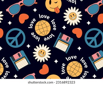 Groovy hippie fondo de los años 70. Patrón inconfundible en el moderno estilo de dibujos animados trippy. Flor divertida de dibujos animados,   Amor, corazón, etc. Antecedentes oscuros