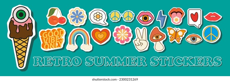 Groovy hippie 1970s summer sticker icon set. Funny happy cartoon flower, rainbow, peace, Love, heart, daisy, mushroom etc. Trendy trippy retro cartoon style. Hippie 60s, 70s style 