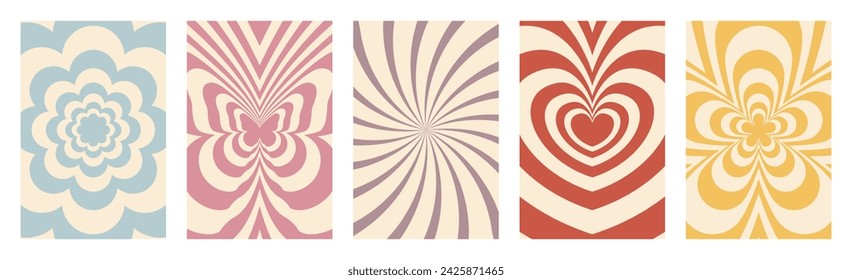 Groovy hippie 60s 70s backgrounds set. Waves, swirl, twirl pattern with heart, butterfly, daisy, flower. Vector texture in trendy retro psychedelic style. Y2k aesthetic