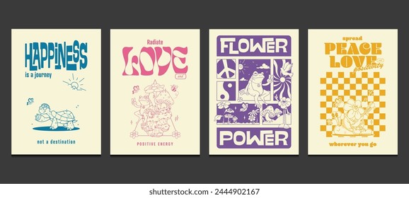 groovy hippie 60s, 70s posters or graphic t-shirt templates, vector illustration