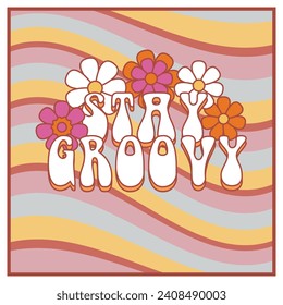 Groovy hippie 60s 70s sticker. Funny cartoon lettering with peace, Love. Sticker in trendy retro psychedelic cartoon style. Flower power. Good vibes. Stay groovy