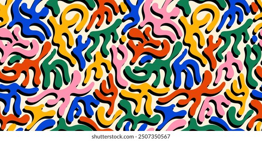 Groovy hippie 60s abstract illustration. Fluid organic shapes. Colorful blobs, wavy doodle, squiggles. Hand drawn forms, spots. Wavy elements bubbles and drops in trendy y2k style