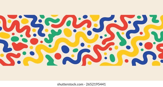 Groovy hippie 60s abstract illustration. Fluid organic shape colorful blobs, squiggles, wavy doodle stripes inscribed in a rectangle banner. Bold hand drawn lines, spots. Text background, header