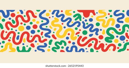 Groovy hippie 60s abstract illustration. Fluid organic shape colorful blobs, squiggles, wavy doodle stripes inscribed in a rectangle banner. Bold hand drawn lines, spots. Text background, header